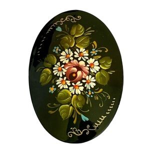 Vintage Russian Floral Hand-Painted Wood Brooch